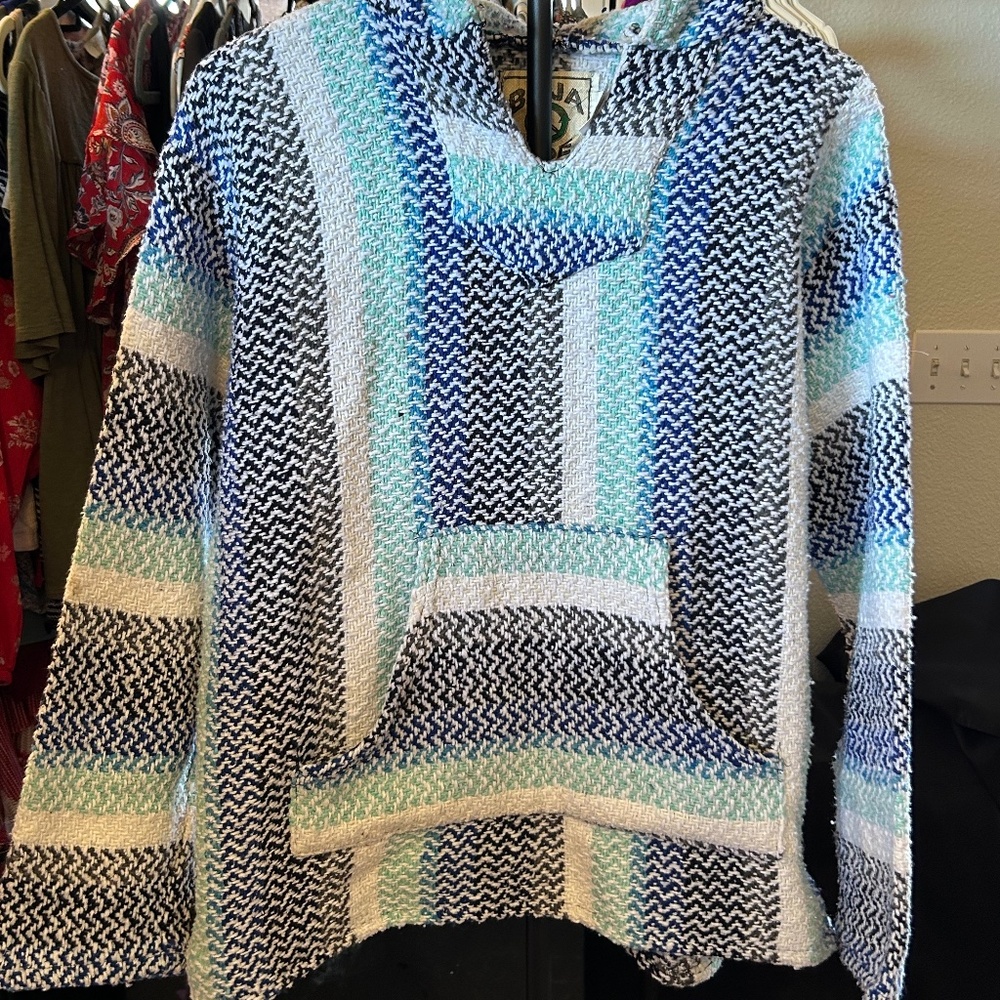 Baja Joe Mexican Hoodie Pullover Blue Green Stripe Baja Hoodie S